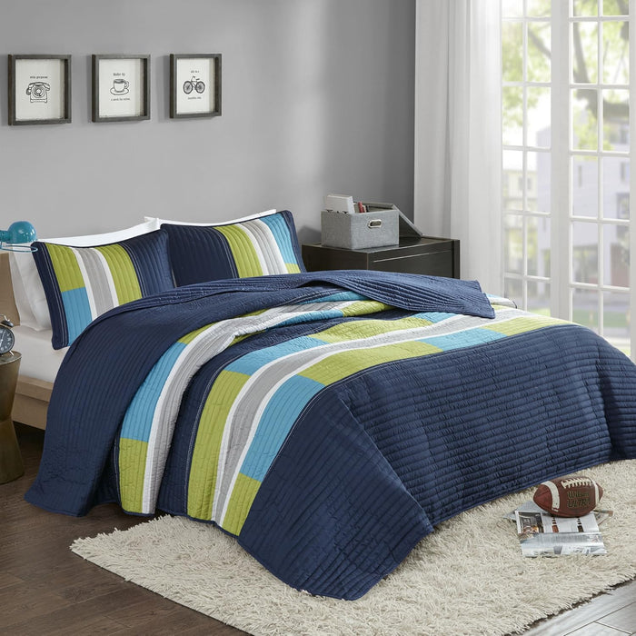 Comfort Spaces Quilt Set Trendy Casual Fun, Vibrant Color Design, Hypoallergenic All Season, Lightweight Coverlet Bedspread Cozy Kids Bedding & Sham Full/Queen Verone White Blue Stripe 3 Piece