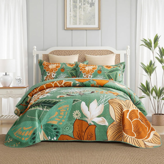 3 Piece Black Boho Floral Full/Queen Quilt Sets Reversible Farmhouse Botanical Lightweight Bedspread Coverlet with 2 Shams Mid Century Microfiber Fall Bedding Quilts Set for All Season,90''x96''