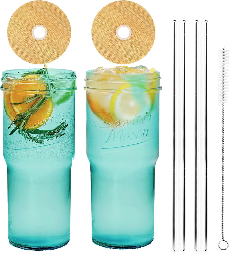ANOTION Glass Cups with Lids and Straws - 24 oz Tumbler with Handle Halloween Coffee Cups Glass Straws Mason Jar Cups Drinking Set Kitchen Essentials Coffee Bar House Warming Gifts New Home