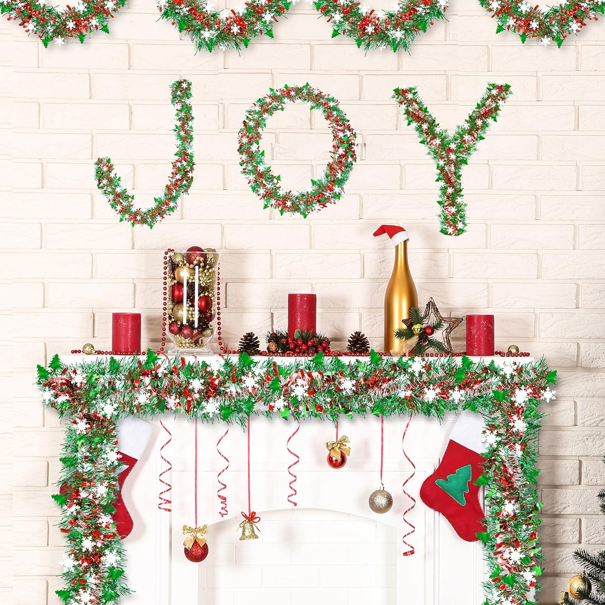 50 FT Christmas Decorations Tinsel Garland with Snowflake Christmas Tree, Red Green Silver Shiny Metallic Twist Christmas Garland for Home Tree Mantle Stairs Indoor Outdoor Holiday Xmas Party Decor