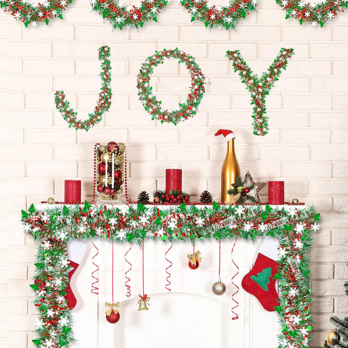 50 FT Christmas Decorations Tinsel Garland with Snowflake Christmas Tree, Red Green Silver Shiny Metallic Twist Christmas Garland for Home Tree Mantle Stairs Indoor Outdoor Holiday Xmas Party Decor