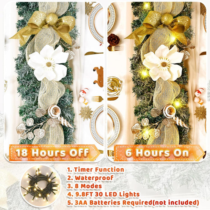 Christmas Garland with Lights, 5.9 FT Luxury Christmas Garland for Mantle, Christmas Flocked Garland with Gold Bows Ribbons Magnolia for Front Door Fireplace Table Home Decor