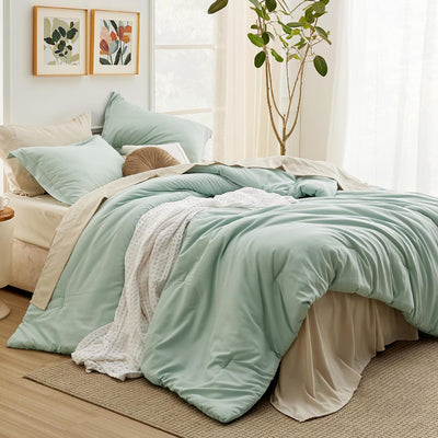 Bedsure Full Size Comforter Set - 7 Pieces Sage Green Full Bedding Set for All Seasons, Boho Contrasting Design Bed in a Bag with Comforter, Sheets, Pillowcases & Shams