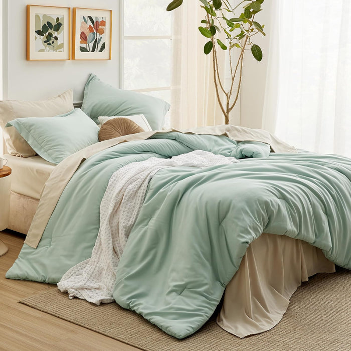 Bedsure Full Size Comforter Set - 7 Pieces Sage Green Full Bedding Set for All Seasons, Boho Contrasting Design Bed in a Bag with Comforter, Sheets, Pillowcases & Shams