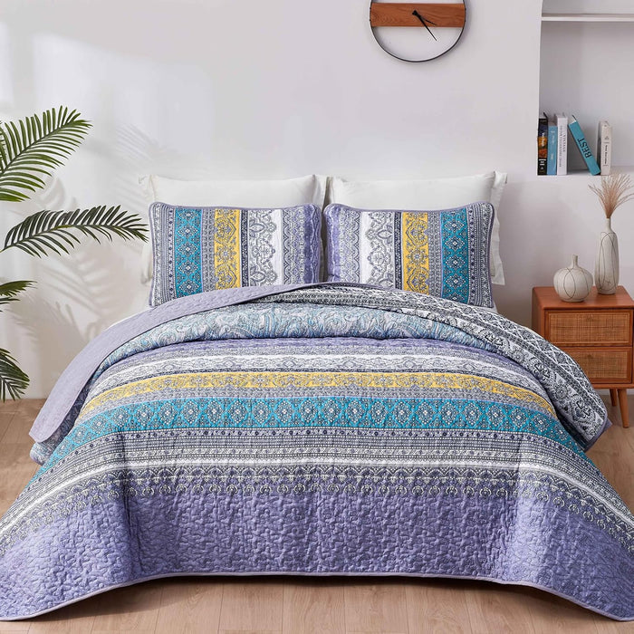 WONGS BEDDING Bohemian Quilt Set King Size, Boho Striped Printed Bedding Bedspread Coverlet Set for All Season, Lightweight Microfiber Quilts with 2 Pillowcases 104"x90" (3 Pieces, Colorful)