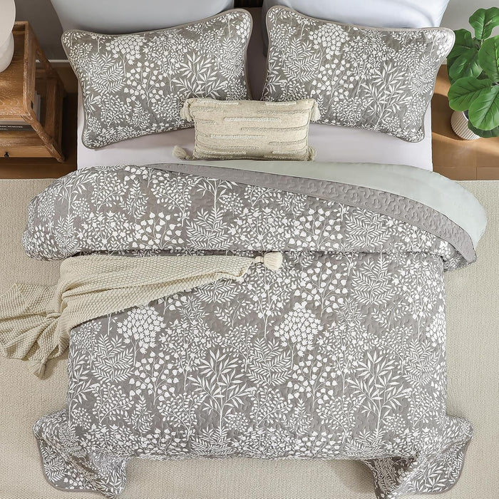 WONGS BEDDING Gray Quilt Set King Size, Botanical Print Bedspread Coverlet Set, Soft Lightweight Farmhouse Floral Quilt Bedding Set for All Season (104"x90")