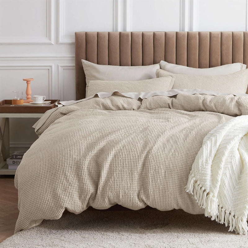Bedsure Cotton Duvet Cover King - 100% Cotton Waffle Weave Linen Color Duvet Cover, GentleSoft™ and Breathable King Bedding Set for All Season, 3 Pieces, 104"x90"