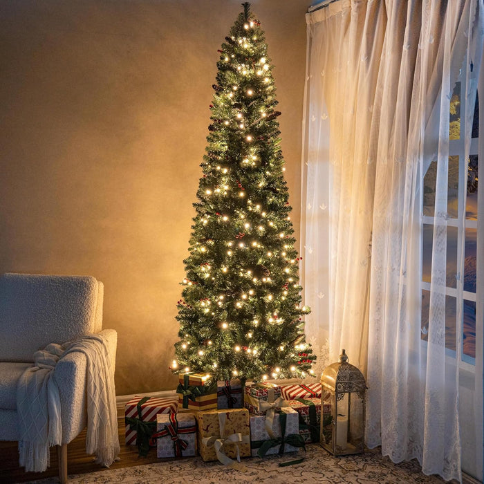 Naomi Home Salzburg 9ft Frosted Prelit Slim Artificial Christmas Tree with 1455 Branch Tips, 500 Warm Lights and Metal Stand, 37" Wide Realistic Snow Flocked Skinny Pencil Christmas Tree