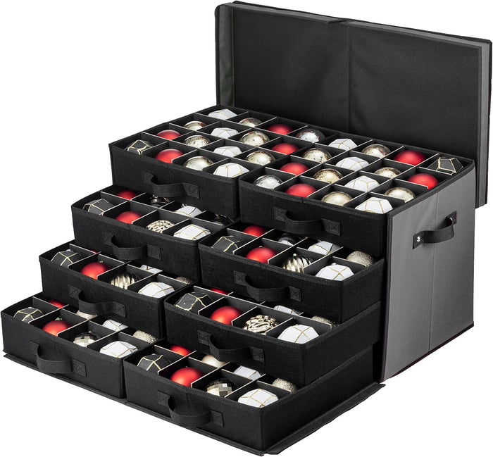 ZOBER Christmas Ornament Storage Box - Stores 128 3" Ornaments with Drawer Style Trays - Tear Proof 600D Oxford Fabric - Ornament Organizer Storage Box, Durable Christmas Containers Holder - Red