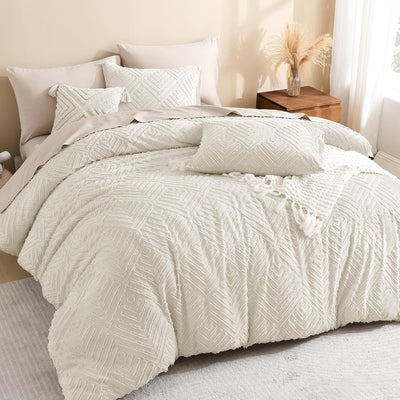 Litanika King Size Comforter Set Beige, 3 Pieces Cream Tufted Boho Farmhouse Bedding Comforter Sets, Lightweight Fluffy Comforter Bed Set for All Season (104x90In Comforter and 2 Pillowcases)