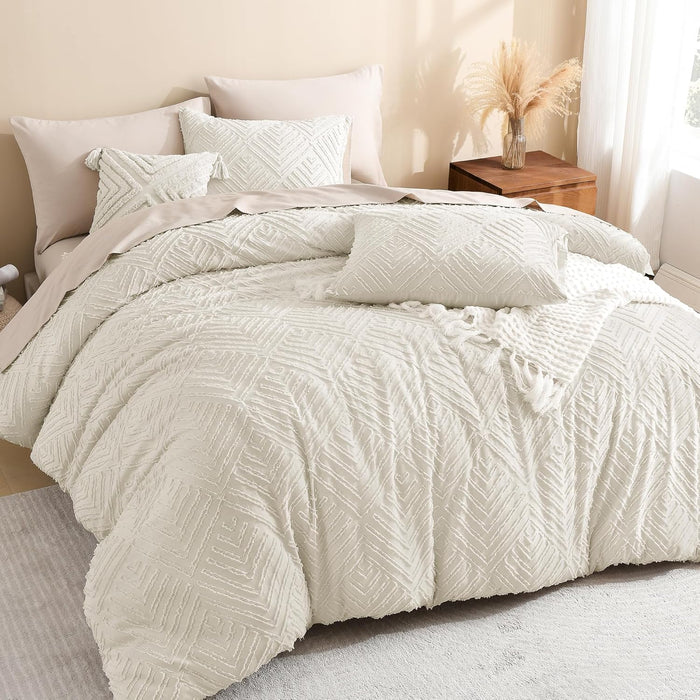 Litanika King Size Comforter Set Beige, 3 Pieces Cream Tufted Boho Farmhouse Bedding Comforter Sets, Lightweight Fluffy Comforter Bed Set for All Season (104x90In Comforter and 2 Pillowcases)
