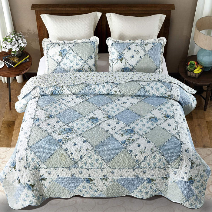 VIVILINEN Blue Floral Patchwork Quilt Set King Size Reversible Quilted Bedding Set with 2 Pillowcases