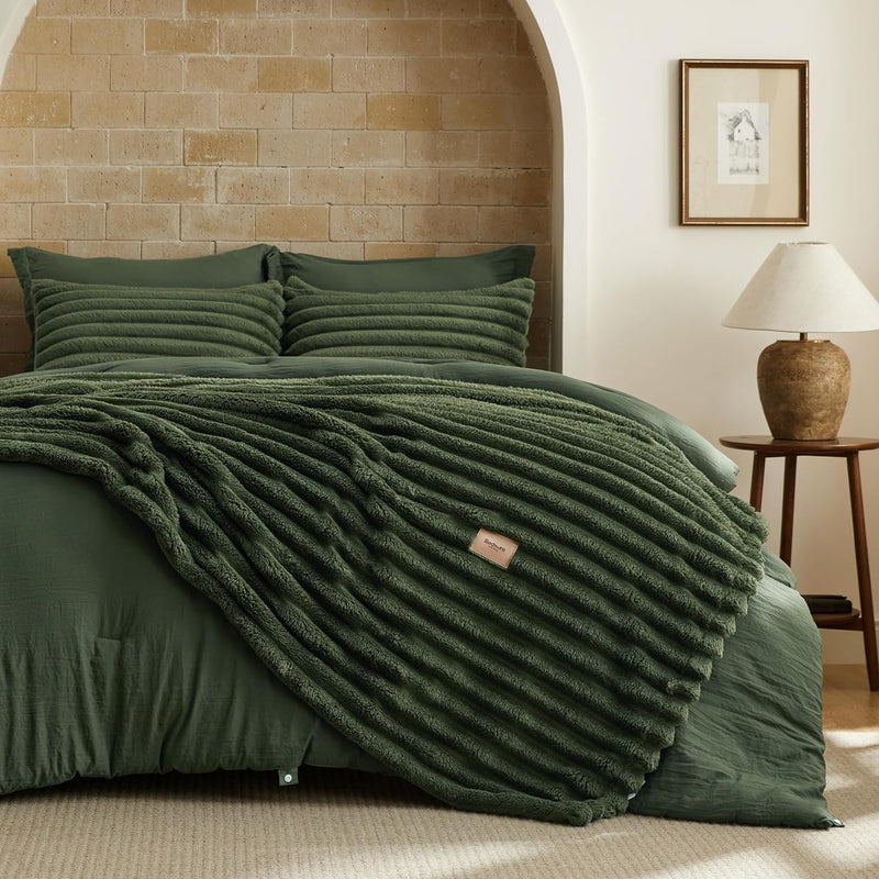Bedsure Gentlesoft 2-in-1 Queen Comforter Set and Detachable Fluffy Blanket, Beige Bedding Set for All Season Use, SnapTech Design for Space Saving (Includes 2 Pillow Shams, 2 Pillowcases)