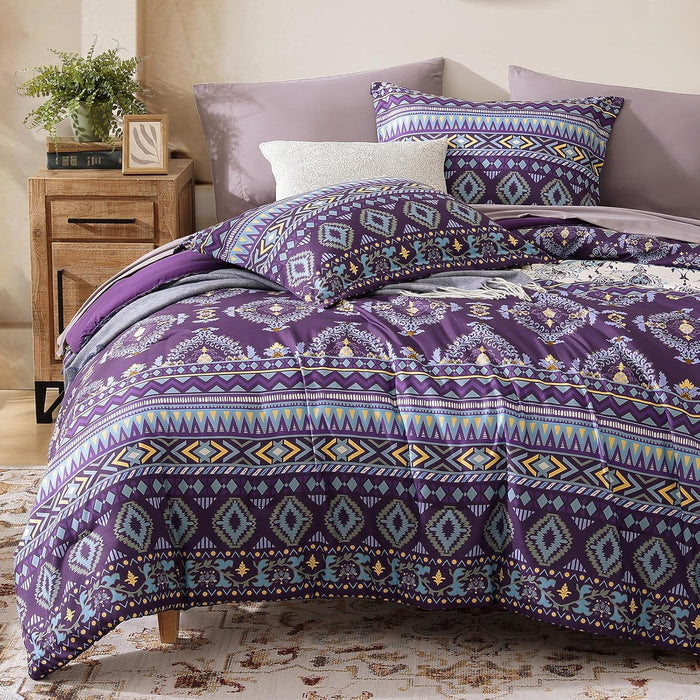 CASAAGUSTO King Size Comforter Set, 7 PCS Boho Comforter King Size, Bohemian Striped Bed in A Bag King, Soft Bedding Set for All Seasons(Brown,102"X90")
