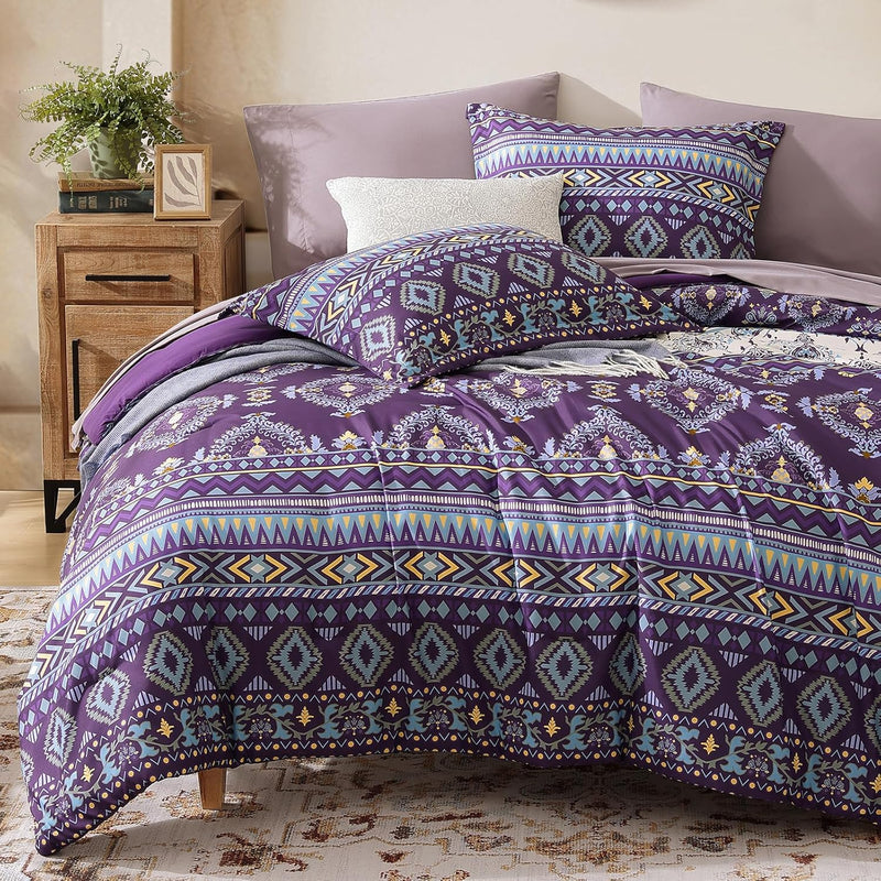 CASAAGUSTO King Size Comforter Set, 7 PCS Boho Comforter King Size, Bohemian Striped Bed in A Bag King, Soft Bedding Set for All Seasons(Brown,102"X90")