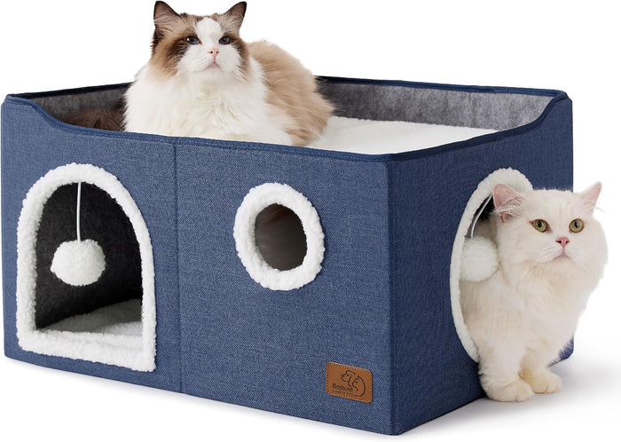 Bedsure Cat Beds for Indoor Cats - Large Cat Cave for Pet Cat House with Fluffy Ball Hanging and Scratch Pad, Foldable Cat Hideaway, 16.5x16.5x13 inches, Grey