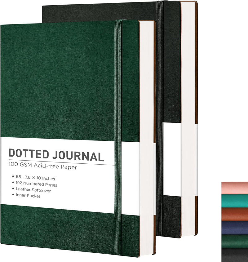 RETTACY Bullet Dotted Journal Notebook, 2-Pack, 192 Numbered Pages per Pack, B5 Medium Size (7.6'' × 10''), Leather Softcover, 100 GSM Thick Paper, for Bullet Journaling (Black & Brown)