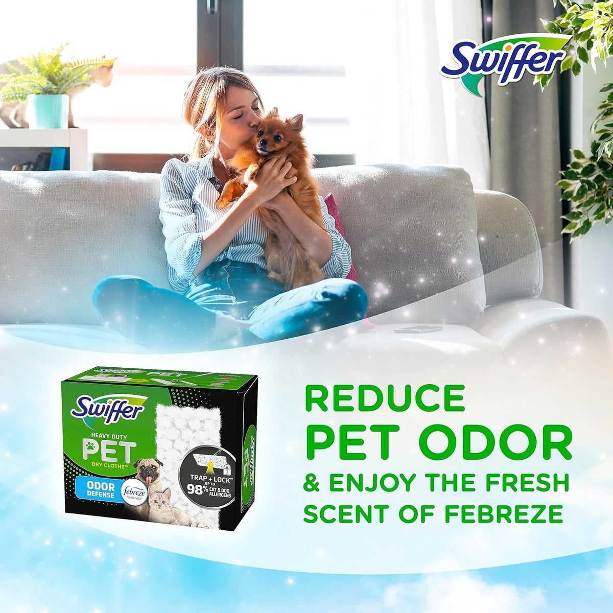Swiffer Sweeper Pet, Heavy Duty Dry Sweeping Cloth Refills with Febreze Odor Defense, Floor Cleaning, 32 Count
