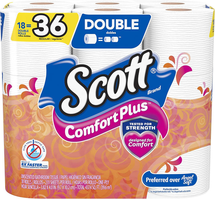 Scott ComfortPlus Toilet Paper, 12 Double Rolls, 231 Sheets per Roll, Septic-Safe, 1-Ply Toilet Tissue