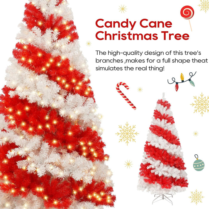6 FT Candy Cane Artificial Christmas Tree, Red and White Swirl Xmas Tree, Pre Lit Christmas Tree with 380 Warm White Lights, 1200 Tips, 8 Color Modes, Metal Stand