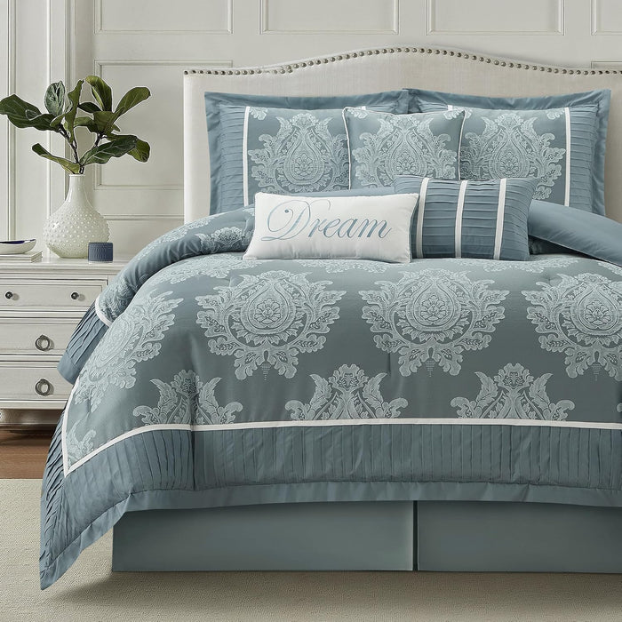 Beige California King Comforter Set 7 Pieces, Jacquard Woven with Damask, Bedding Set in a Bag Includes Comforter, Bed Skirt, Pillow Shams, and Decorative Pillows