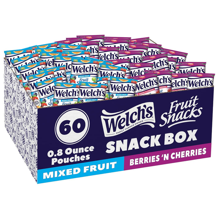 Welch's Fruit Snacks, Mixed Fruit & Berries 'N Cherries Variety Pack, Great for School Lunches, Bulk Pack, Stocking Stuffers, Individual Single Serve Bags, 0.8 oz (Pack of 60)