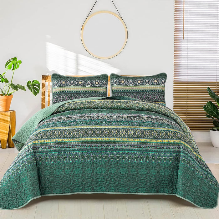 WONGS BEDDING Boho Fall Queen Quilt Set, Brown Bohemian Queen Quilt Bedding Set, Lightweight Microfiber Bed Decor Bedspread for All Season 96"x90"(3 Pieces)