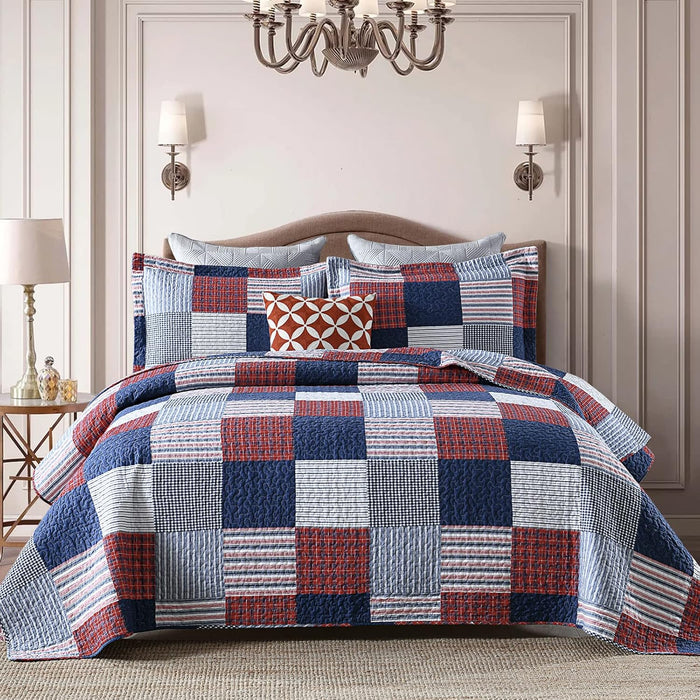 Finlonte Quilts Queen Size - 100% Cotton Queen Comforter Set Green Moonbeam White Plaid Farmhouse Quilt Bedding Set, Reversible Lightweight Soft Bedspread, Quilted Coverlet All-Season, 3-Piece