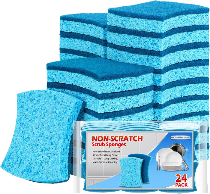 HOMERHYME Heavy Duty Scrub Sponge 24 Pack, Eco Cellulose Kitchen Dish Sponge Multipurpose Ergonomic for Washing Dishes, Uncoated Cookware & Household Cleaning.