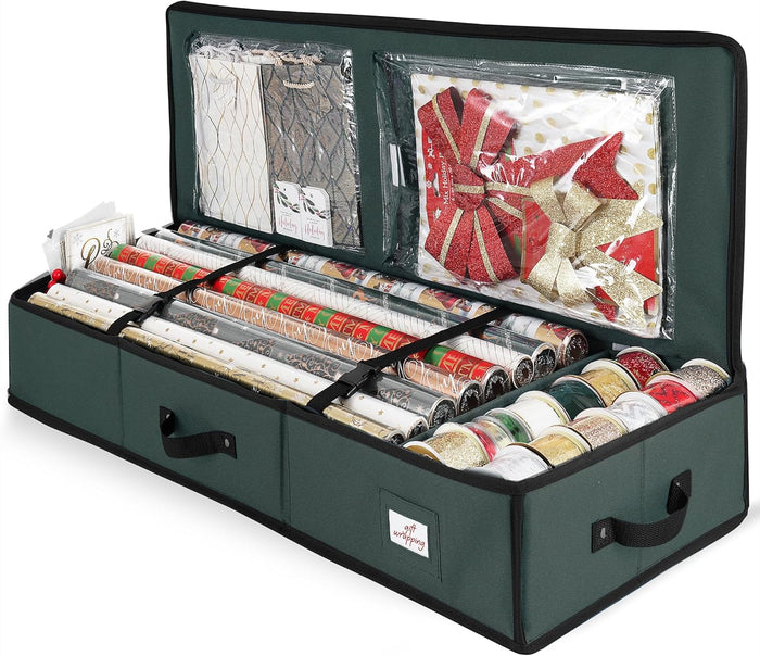 Hearth & Harbor Wrapping Paper Storage Container with Ribbon Dispenser and Interior Pockets - Large Christmas Storage Containers with Wheels, Fits 30 Rolls of 40" Length, Blue