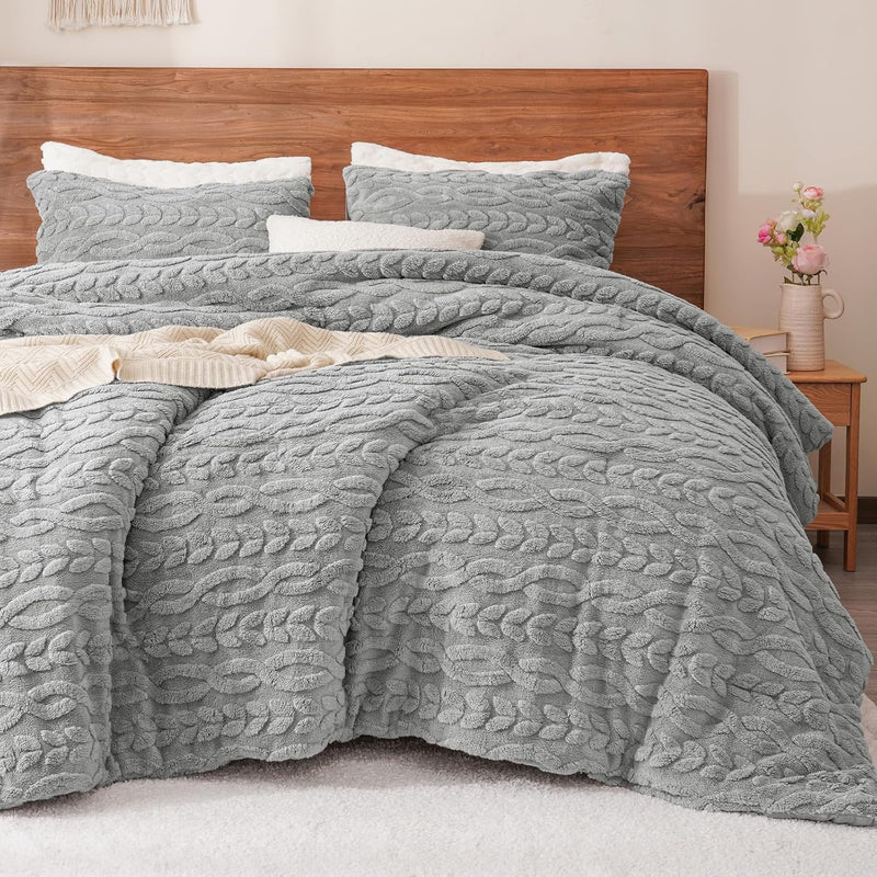 PHF Fluffy Sherpa Fleece Twin Comforter Set, 2 Pieces Warm Fuzzy Soft Bedding for Winter, 3D Tufted Flannel Plush Shaggy Bed Set, 1 Comforter (68"x90") and 1 Pillowcase (20"x26"), Dark Grey