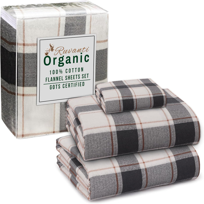 RUVANTI Flannel Sheets Full Size - GOTS Certified 100% Organic Cotton, 4 Piece Warm, Soft & Breathable Set, Deep Pocket Snug Fit, Double Brushed Cozy All Season Bedding, Reindeer Rush