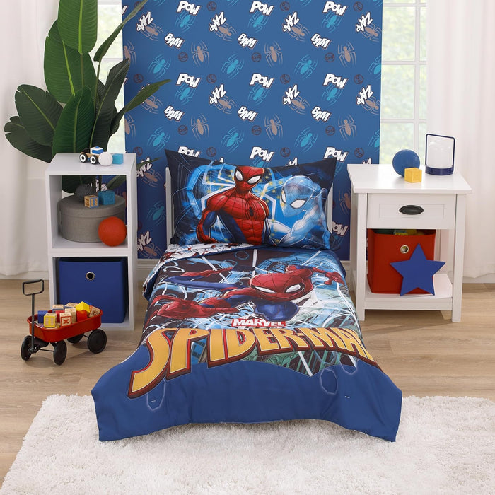 NoJo Marvel Spiderman Spidey and his Amazing Friends Spidey Time Red, Blue, and Grey 4 Piece Toddler Bed Set - Comforter, Fitted Bottom Sheet, Flat Top Sheet, and Reversible Pillowcase