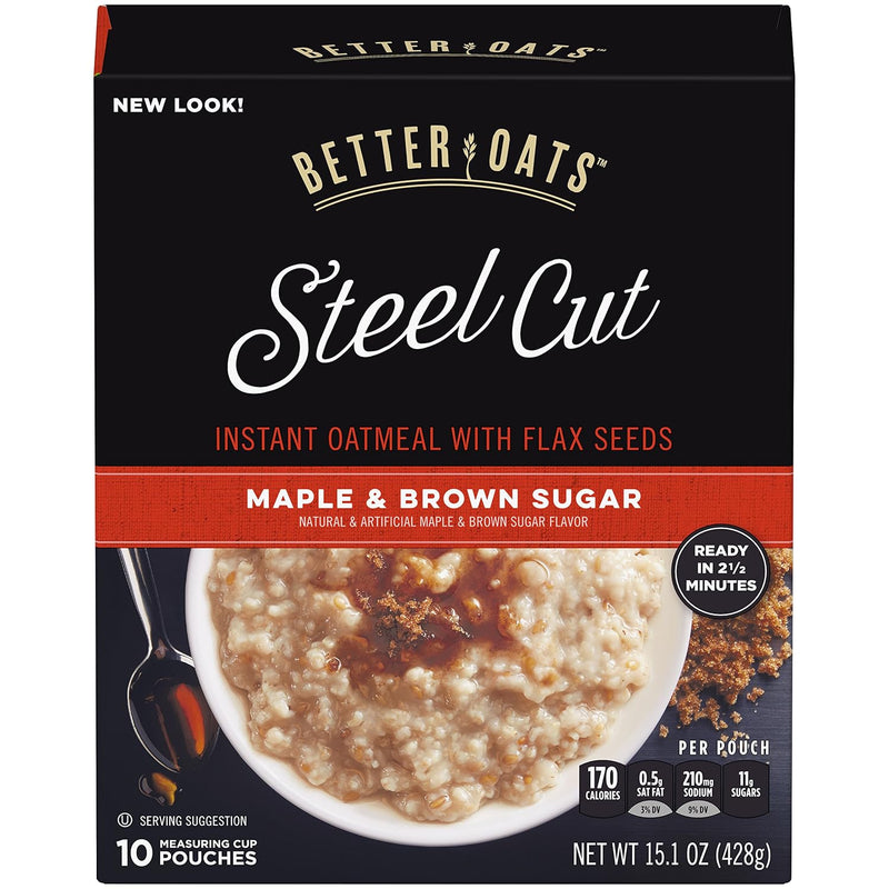 Better Oats Original Steel Cut Oatmeal Packets, Instant Oatmeal Packets with Steel Cut Oats and Flax Seeds, Quick Oatmeal Pouches Ready in 2.5 Minutes, Original Flavor, Pack of 10, 11.6 OZ Pack