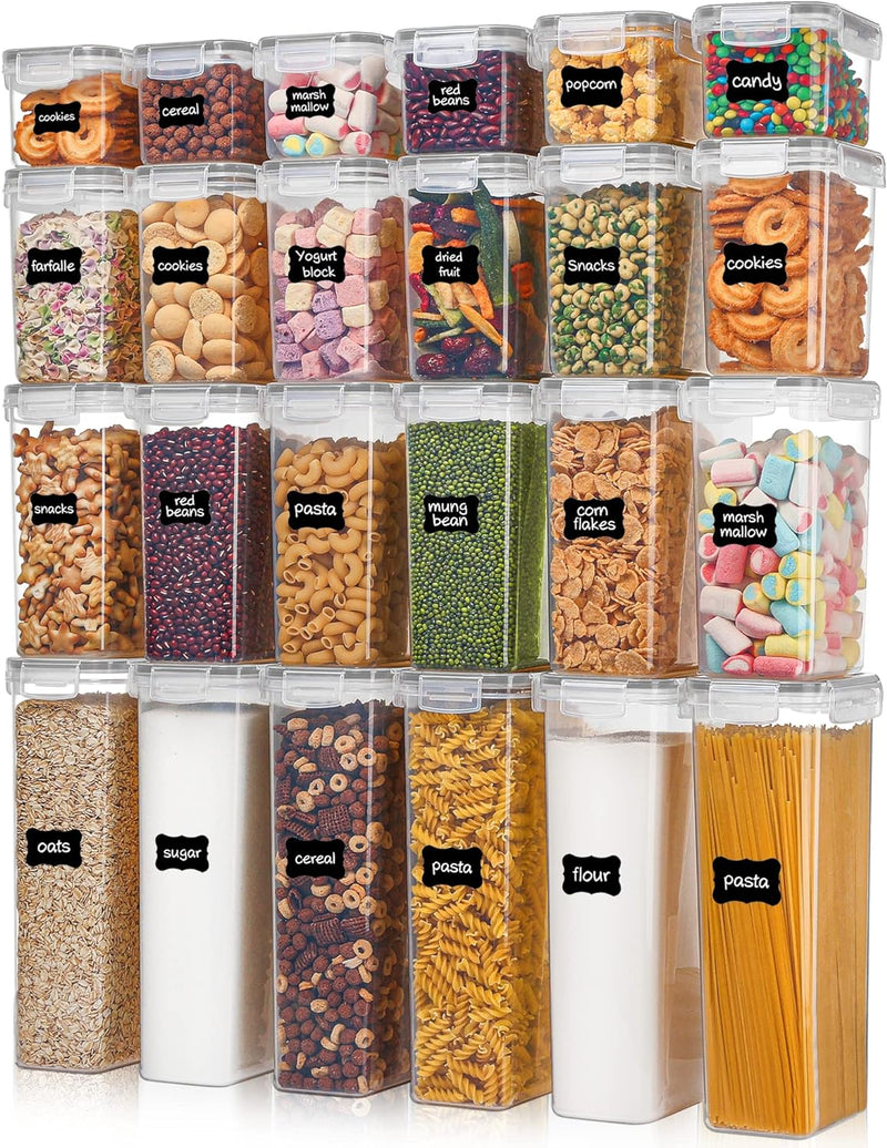 Airtight Food Storage Containers with Lids, Vtopmart 24 pcs Plastic Kitchen and Pantry Organization Canisters for Cereal, Dry Food, Flour and Sugar, BPA Free, Includes 24 Labels，Black
