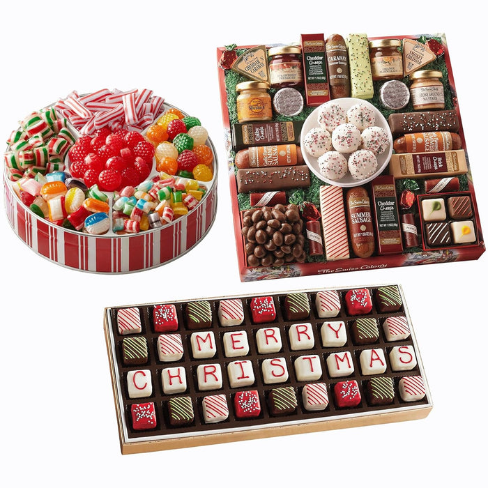 The Swiss Colony 27 Favorites Food Gift Set, Summer Sausage Meats and Cheeses, Assorted Chocolates, Candies, Petits Fours, Cheese & Charcuterie Board Gifts Basket, Holiday, Christmas - Holiday Red Box