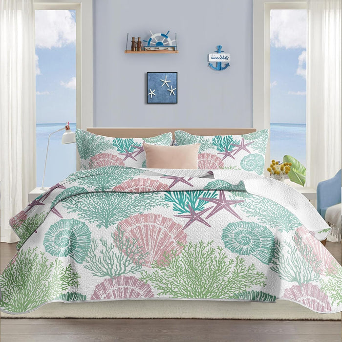 Tritard 3 Piece Coastal Quilt Sets Full/Queen Size - Reversible Microfiber Quilts with 2 Shams Soft Lightweight Beach Bedding Nautical Bedspread Coverlet Summer Comforter for All Season, 90''x96'', C1