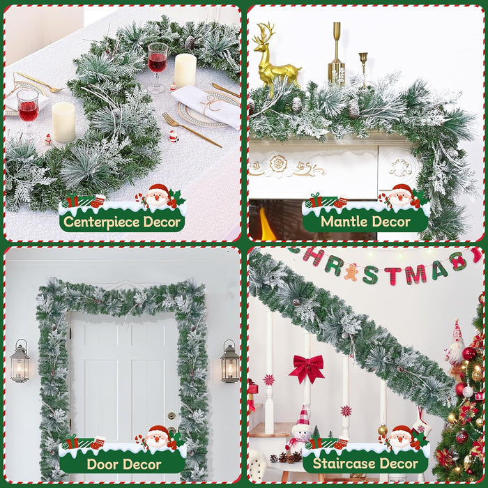 6 FT Christmas Garland with Lights, Artificial Flocked Pine Garland for Mantle, Lighted Garland Real Touch Norfolk Pine with Frost Leaves Pinecones for Indoor Outdoor Christmas Decorations
