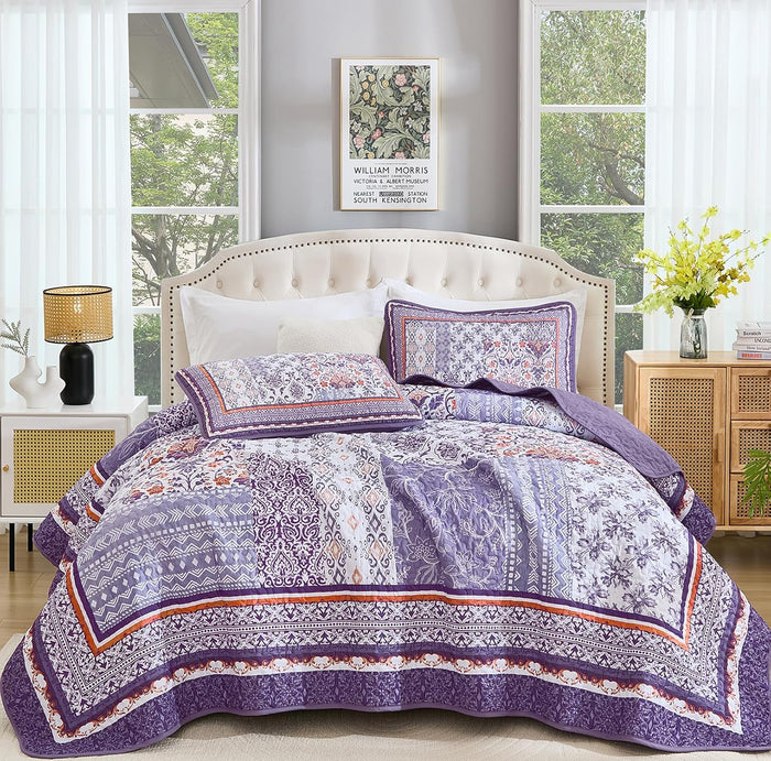 WONGS BEDDING Navy Blue Quilt Set King Size,Bohemian Patchwork Bedspread Coverlet Set, Reversible Farmhouse Floral Pattern Bedspreads Bedding Set for All Seasons (104"x90")