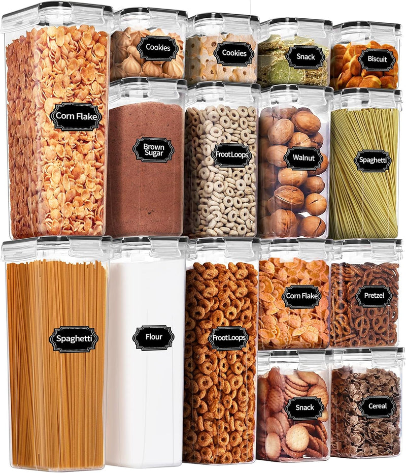 PRAKI 30 Pack Airtight Food Storage Containers for Kitchen Pantry Organizers and Storage, Plastic Kitchen Storage Canisters with Lids,Cereal, Flour & Sugar Containers - Labels, 6 Spoon & Marker