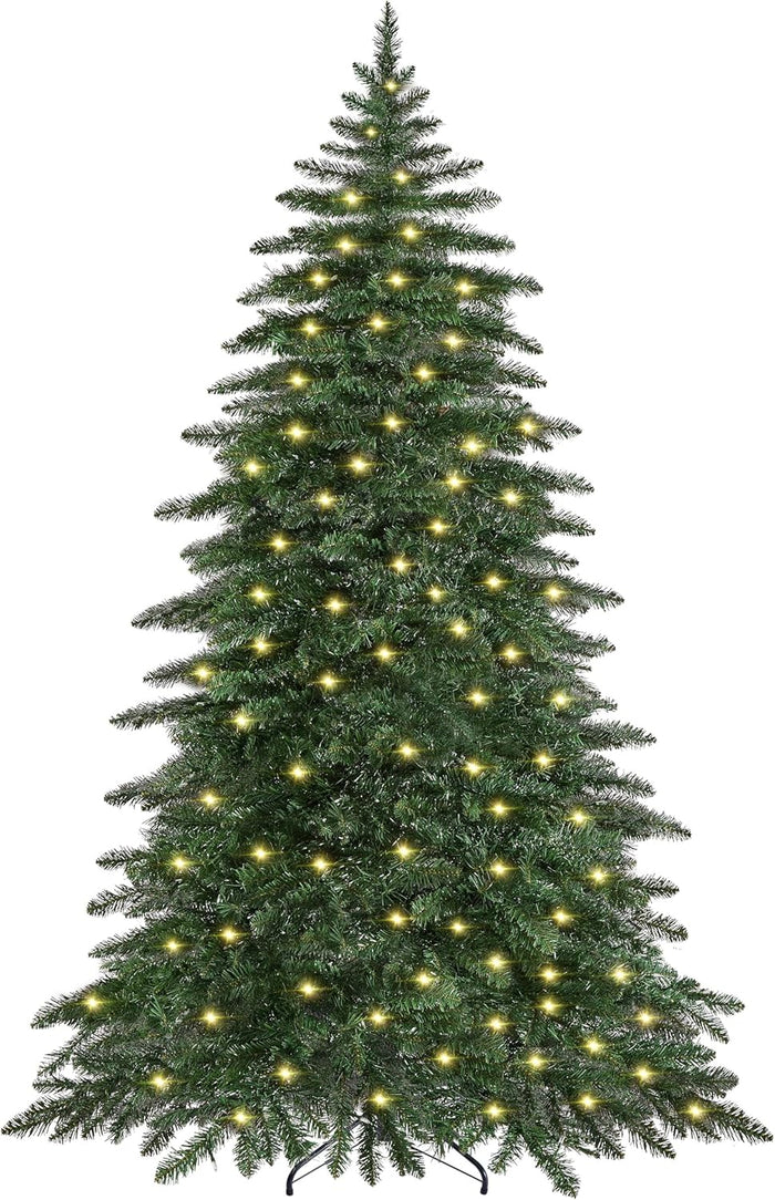 Yaheetech 6ft Pre-Lit Artificial Christmas Tree with 400 Warm White LED Lights & 940 PVC Tips,Hinged Snow Flocked Xmas Tree with Foldable Stand & Protective Foot Caps,Green & White
