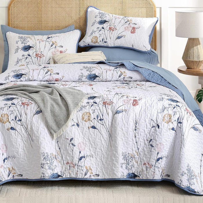 WONGS BEDDING 3 Pieces Quilt Set Queen Size, Purple Floral Botanical Plants Pattern Bedspread Coverlet Set with 2 Pillowcases, Soft Lightweight Microfiber Bedding Set for All Season(96"×90")