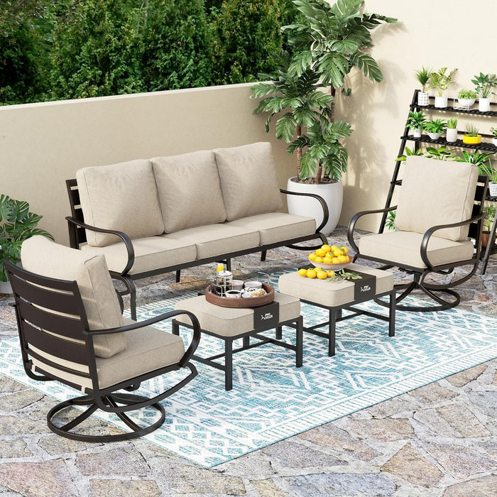 PHI VILLA 4 Piece Patio Furniture Sets for 5 Person with 1 x 3-Seat Deep Seating Bench, 2 x Cushioned Swivel Sofa Chairs & 1 x Coffee Table, Outdoor Metal Conversation Set for Lawn Garden, Red