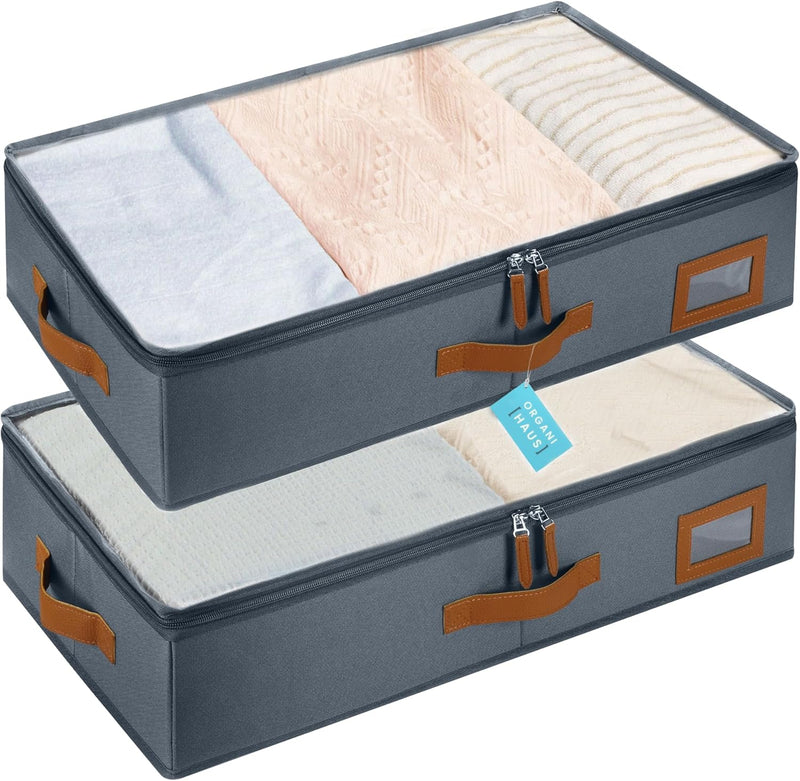 OrganiHaus Under Bed Storage Containers, Bedroom Storage and Organization Bins, Clothes Organizer for Closet with Clear Cover and Reinforced Handles - Set of 2 33x17x6 inches White Striped