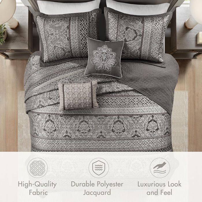 Madison Park Traditional Damask Design All Season, Lightweight Coverlet Bedspread Bedding Set, Matching Shams, Pillows, (102"x118"), Bellagio, Jacquard Grey, 5 Piece