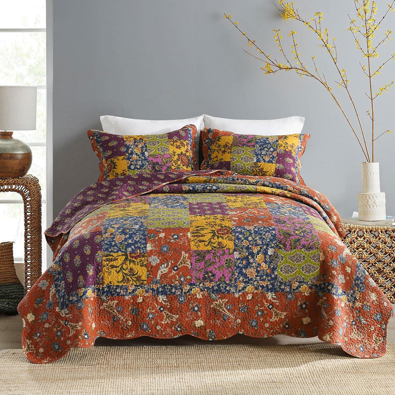 Secgo King Comforter Set for Bed - 100% Cotton Quilts Queen Size, Black Bedspreads (98 * 106 Inch) with 2 Pillow Shams, Patchwork Reversible Lightweight Bedding