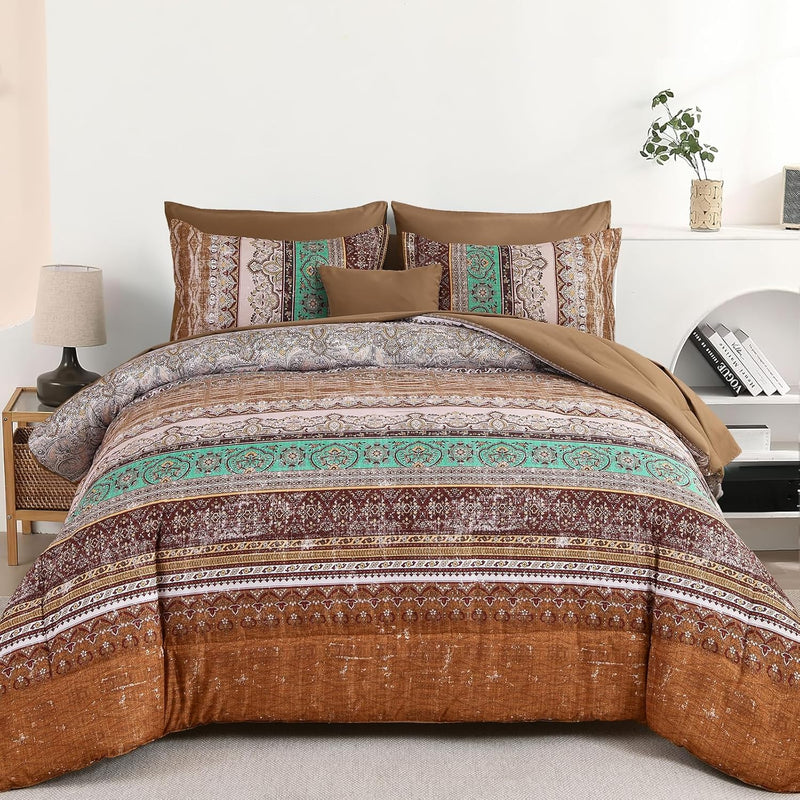 Cottolester Boho Comforter Set Full Size 8 Piece Bed in a Bag Bohemian Striped Bedding Quilt Set Aqua Paisley Floral Comforter and Sheet Set,Soft Microfiber Complete Bedding Sets for All Season
