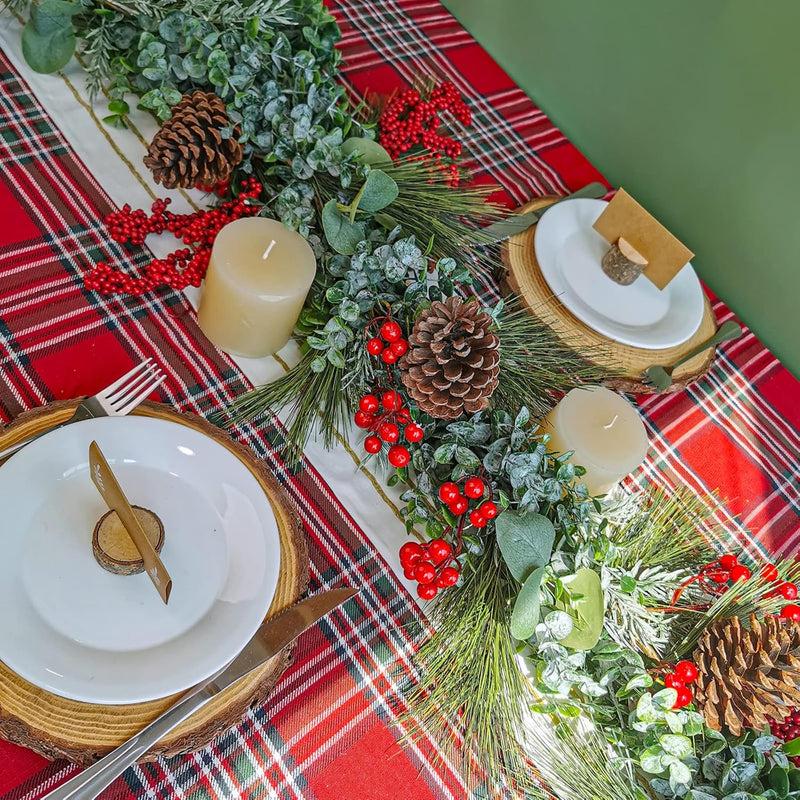 Winlyn 6' Long Artificial Eucalyptus and Pine Christmas Garland with Pine Cones Red Berries Pine Needles Winter Greenery Garland Christmas Season Holiday Wedding Table Runner Centerpiece Mantel Decor