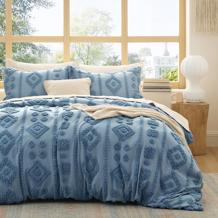 Bedsure Boho Duvet Cover King - Dark Green Tufted Boho Bedding, Farmhouse Shabby Chic Embroidery Bedding for All Seasons, 3 Pieces, 1 Soft Jacquard King Comforter Cover and 2 Pillow Shams