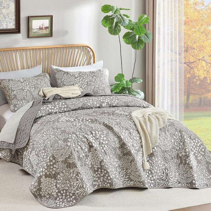 WONGS BEDDING Gray Quilt Set King Size, Botanical Print Bedspread Coverlet Set, Soft Lightweight Farmhouse Floral Quilt Bedding Set for All Season (104"x90")